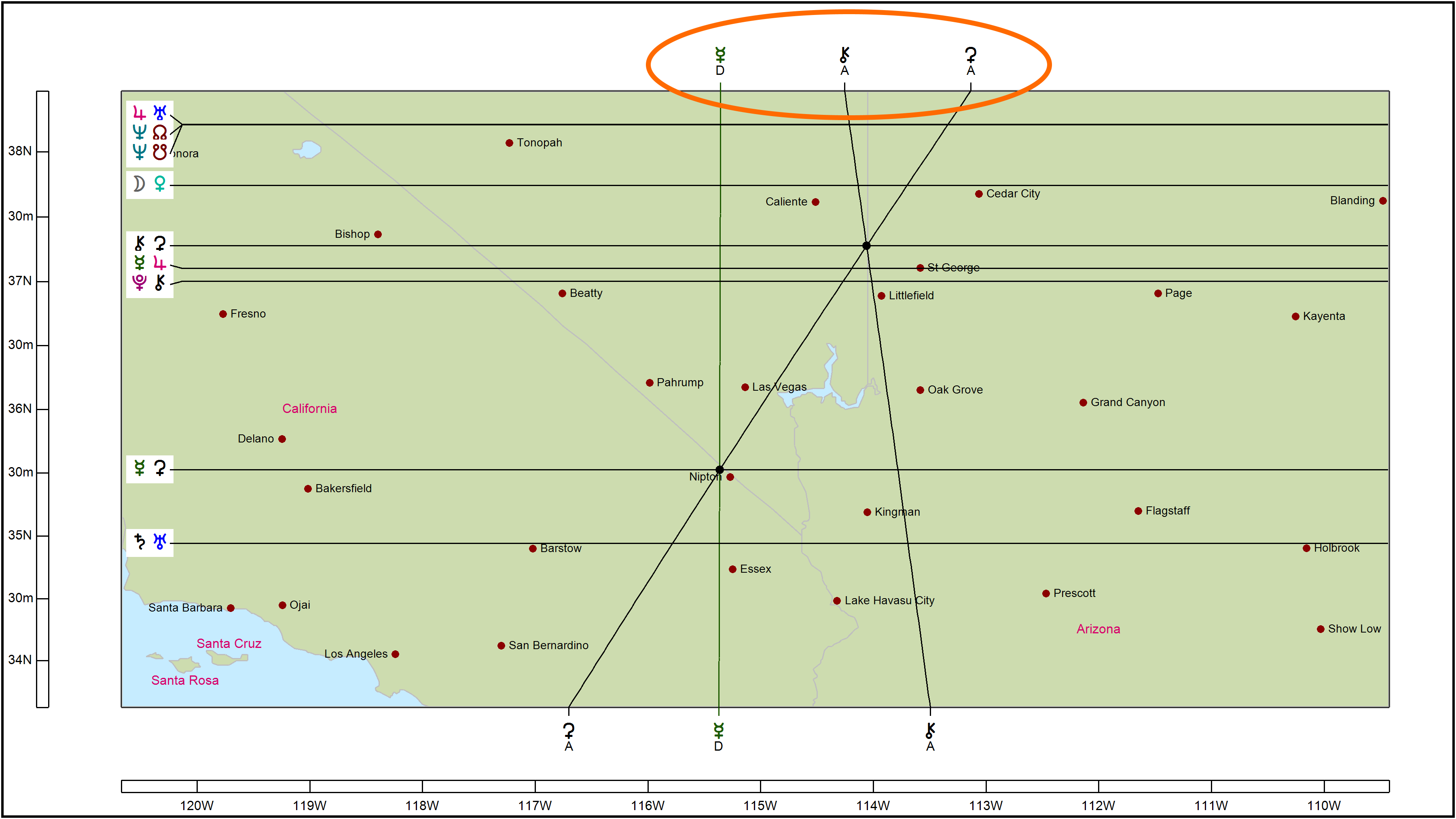 Astrology Map Lines Example - Planetary Angles for Mercury, Chiron, and Ceres